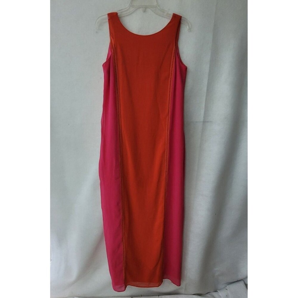 Gianni Bini Dress Womens M Red‎ Pink Colorblock Sheer Maxi Slit Back Sleeveless